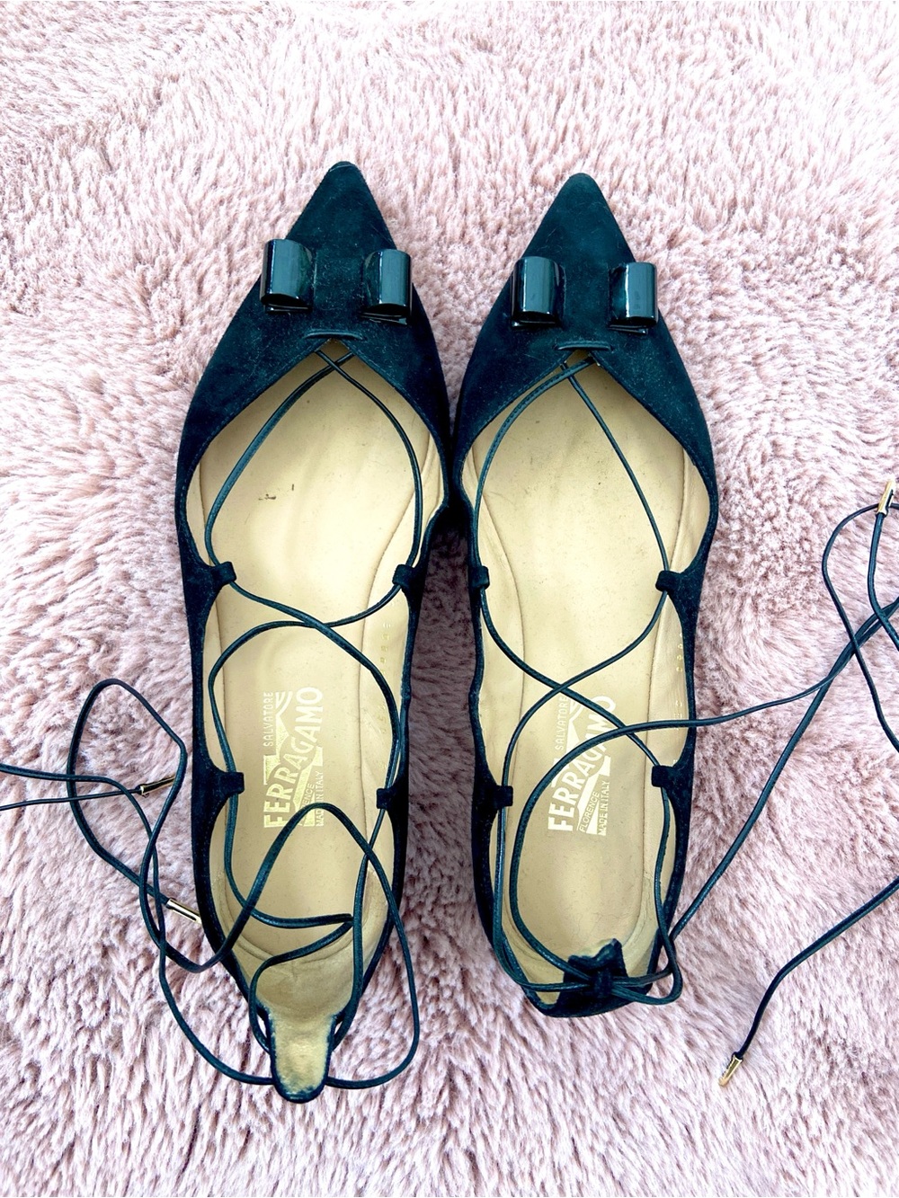 Salvatore Ferragamo Black Suede Pointed Lace-Up Flats with Bow